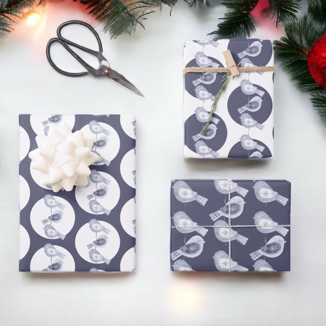 Hoja De Papel De Regalo Navidades nórdicos Aves azules (Nordic blue birds Christmas wrapping sheets from Ricaso)