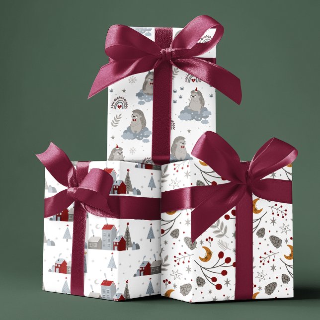 Hoja De Papel De Regalo Navidades Nórdicos Cute Casas Hedgehog Floral (Subido por el creador)