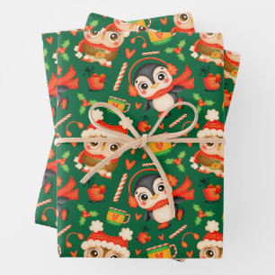 Hoja De Papel De Regalo Navidades Owl y Penguin Festivist Green