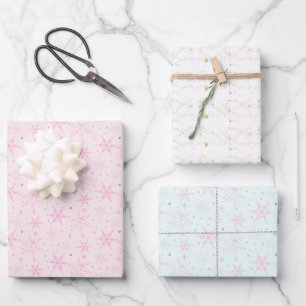Hoja De Papel De Regalo Navidades Pastel Blue y Pink and Gold Snowflakes