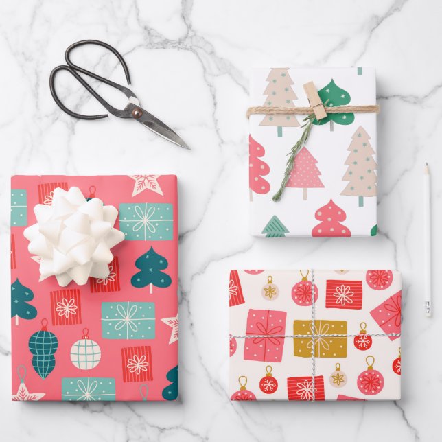 Hoja De Papel De Regalo Navidades Patrón blanco rosado (Anverso)