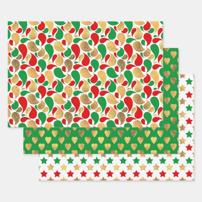 HOJA DE PAPEL DE REGALO NAVIDADES PATRONES DE VACACIONES DE ORO VERDE ROJO (Set)