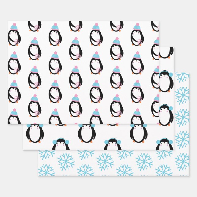 Hoja De Papel De Regalo Navidades Penguin Snowflakes Whimsical (Set)