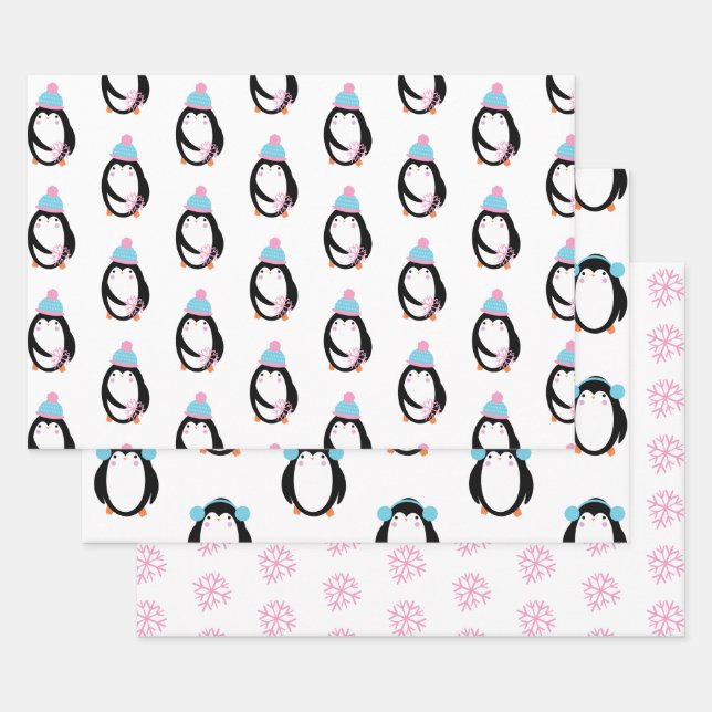 Hoja De Papel De Regalo Navidades Penguin Snowflakes Whimsical (Set)