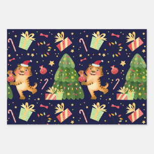 Hoja De Papel De Regalo Navidades Pequeño Tigre En Patrón De Regalo De Árb