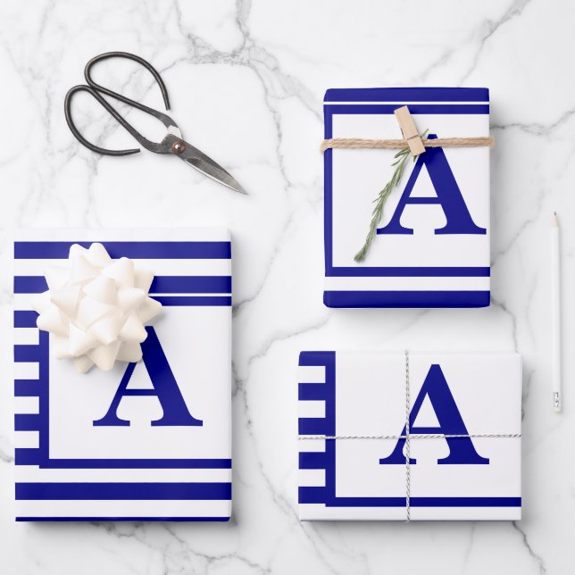 Hoja De Papel De Regalo Navidades Personalizados de Monograma Blanco Azul  (Anverso)