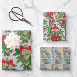 Hoja De Papel De Regalo Navidades Pinecones Bells de plata Holly Vintage