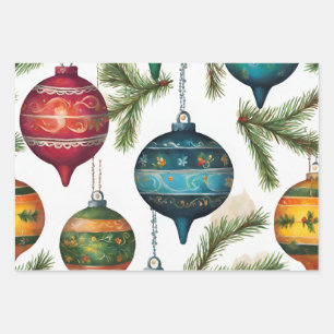 Hoja De Papel De Regalo Navidades pintados de época colgando ornamentos