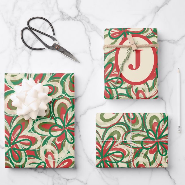 Hoja De Papel De Regalo Navidades pintados Patrón Floral Retro Inicial (Anverso)