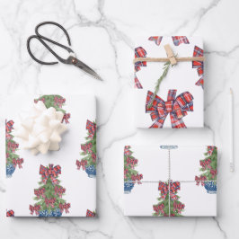 Hoja De Papel De Regalo Navidades Plaid Bow Chinoiserie Topiary Tree