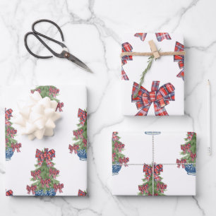 Hoja De Papel De Regalo Navidades Plaid Bow Chinoiserie Topiary Tree