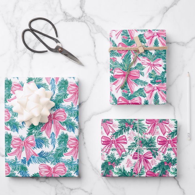 Hoja De Papel De Regalo Navidades Preppy Pink Bows y Garland (Anverso)