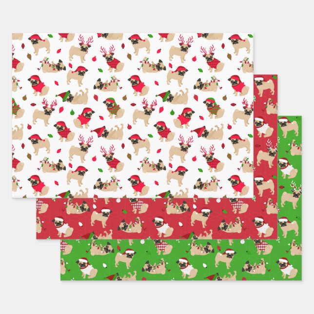 Hoja De Papel De Regalo Navidades Pugs (Set)
