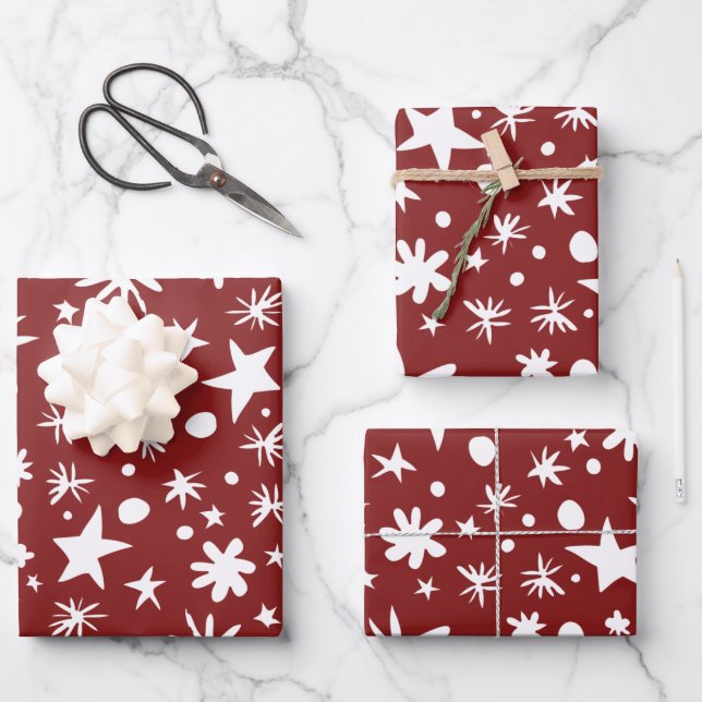 Hoja De Papel De Regalo NAVIDADES reciclables de estrellas blancas y rojas (Anverso)