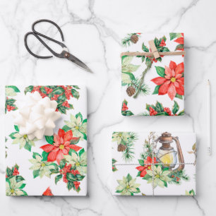 Hoja De Papel De Regalo Navidades Red Berries Cardinals Poinsettia