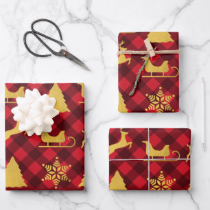 Hoja De Papel De Regalo Navidades Red & Black Buffalo Plaid Gold Xmas