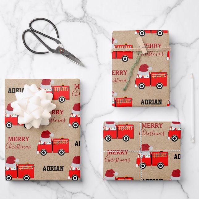 Hoja De Papel De Regalo Navidades Red Fire Truck Custom Name Kraft (Anverso)
