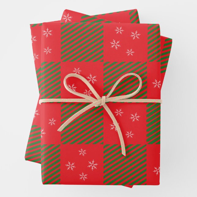Hoja De Papel De Regalo Navidades Red Green Plaid Pattern Snow Flakes (In situ)