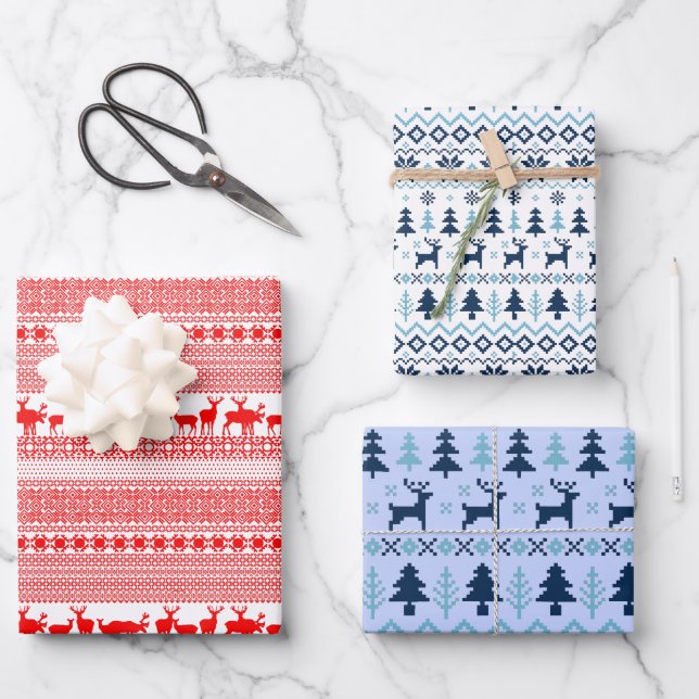 Hoja De Papel De Regalo NAVIDADES REIN DEER LAPLAND PATTERN Red Blue WPS3 (Anverso)