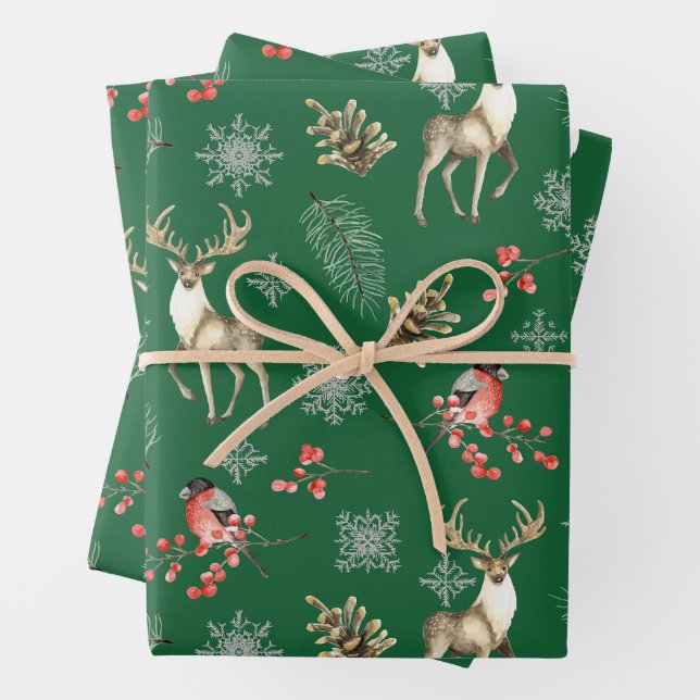 Hoja De Papel De Regalo Navidades Rein Deer y Red Berries Naturaleza Verde (In situ)