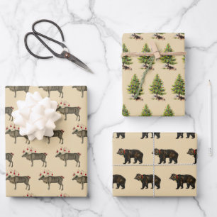 Hoja De Papel De Regalo Navidades renos, osos y pinos