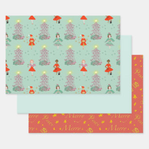 Hoja De Papel De Regalo Navidades retro de mujeres modestas de mediados de