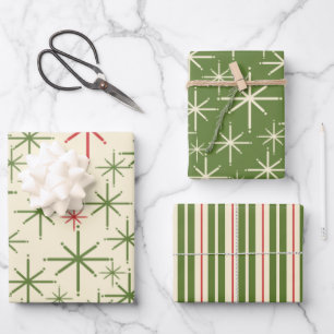Hoja De Papel De Regalo Navidades Retro Mid Mod Patrones De Crema Roja Viv
