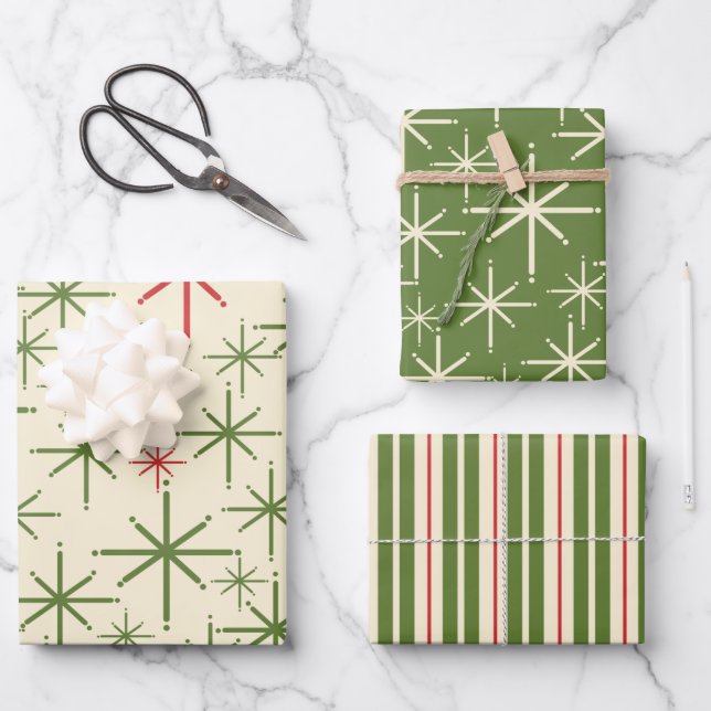 Hoja De Papel De Regalo Navidades Retro Mid Mod Patrones De Crema Roja Viv (Anverso)