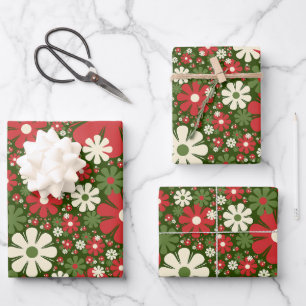 Hoja De Papel De Regalo Navidades Retro Patrón de fantasía floral Verde Ro
