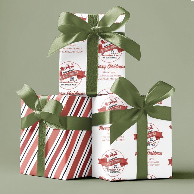 Hoja De Papel De Regalo Navidades Retro Rojo Santa Personalizada (Christmas custom gift wrap. with whimsical reindeer sleigh rides. )