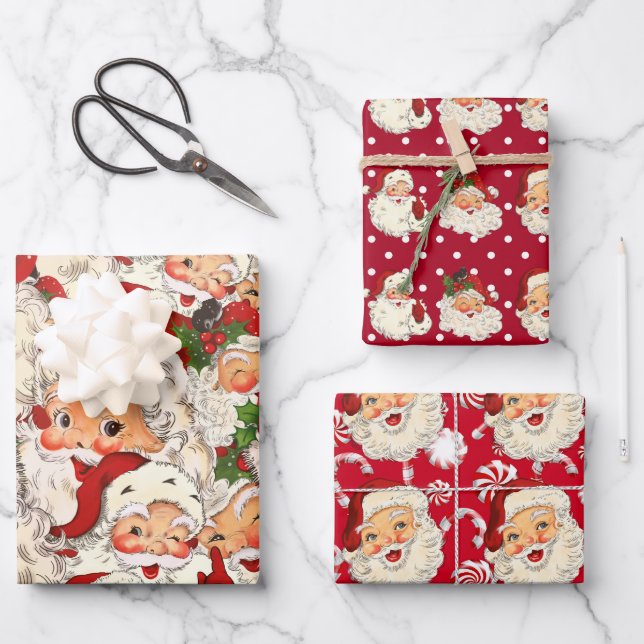 Hoja De Papel De Regalo Navidades Retro Santa Mini Rojos (Anverso)