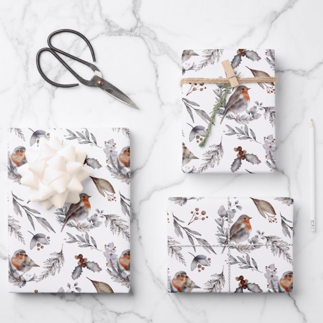 Hoja De Papel De Regalo Navidades Robin Bird Woodland Greenery (Anverso)