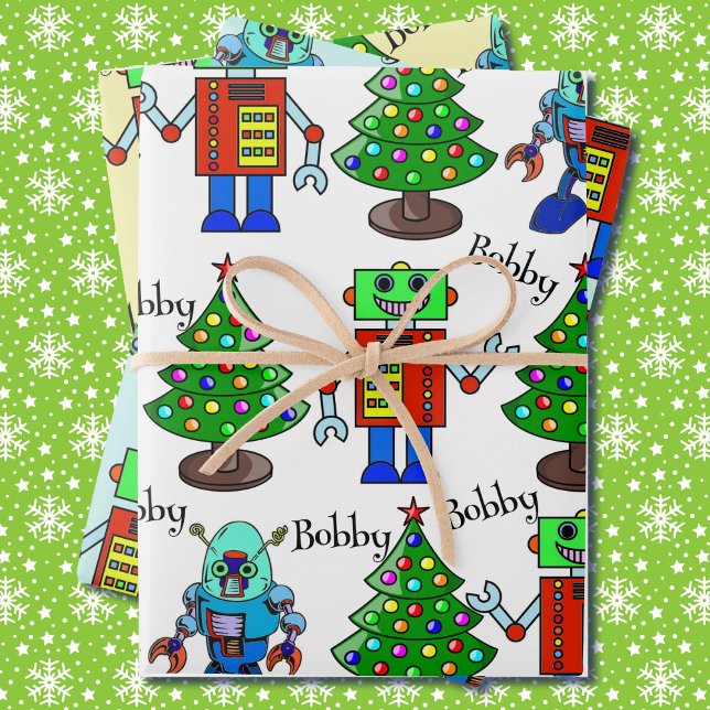 Hoja De Papel De Regalo Navidades robots agregan nombre de niño 3 (Subido por el creador)