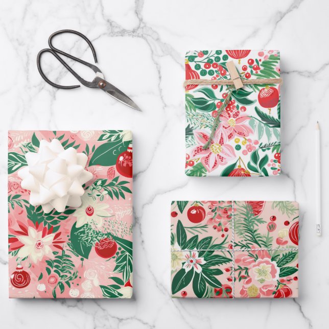 Hoja De Papel De Regalo Navidades rojos florales (Anverso)