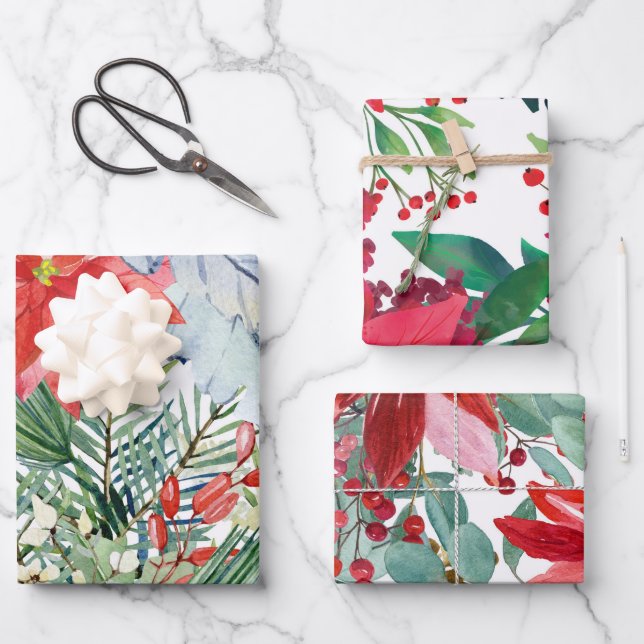 Hoja De Papel De Regalo Navidades rojos Poinsettia (Anverso)