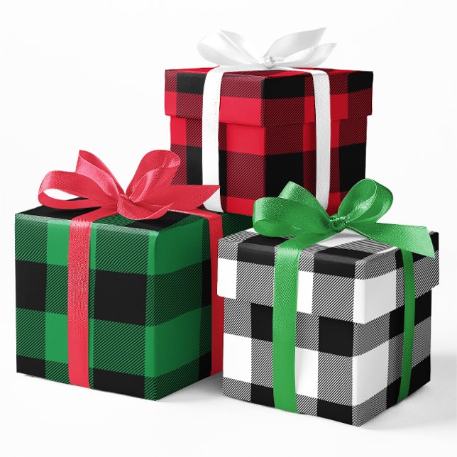 Hoja De Papel De Regalo Navidades rojos verdes y blancos con cola de búfal (Green, Red and White Buffalo Plaid Gift Wrap Set)