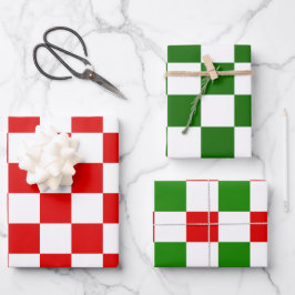 Hoja De Papel De Regalo Navidades rojos y verdes de tablero de ajedrez ret