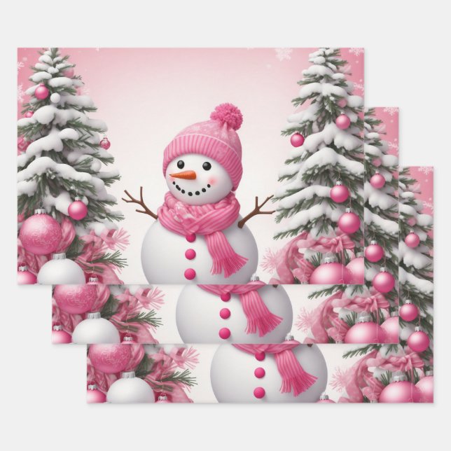 Hoja De Papel De Regalo Navidades rosados bonitos Snowman y árboles (Set)