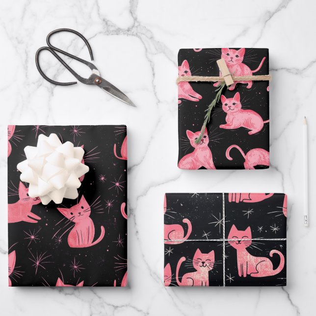 Hoja De Papel De Regalo Navidades rosados gatos en negro (Anverso)