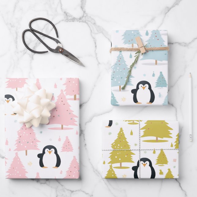 Hoja De Papel De Regalo Navidades rosados pingüinos de invierno (Anverso)