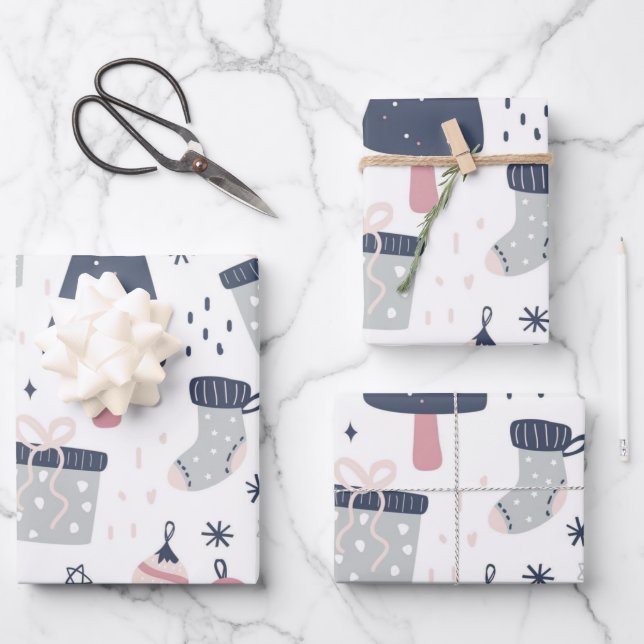 Hoja De Papel De Regalo Navidades rosas y grises azules (Anverso)