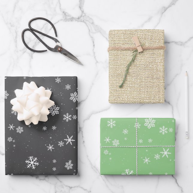 Hoja De Papel De Regalo Navidades rusos de copos de nieve verde negro beig (Anverso)