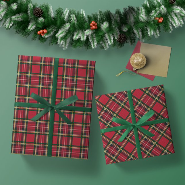 Hoja De Papel De Regalo Navidades rusos festejan Relieve metalizado dorado (Rustic Christmas Holiday Red Plaid Gold Foil Wrapping Paper Sheets)