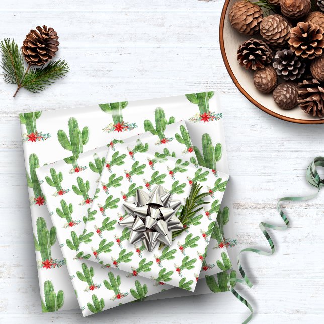 Hoja De Papel De Regalo Navidades rusos festividades florales en Cactus (Rustic Christmas Cactus Floral Holiday Wrapping Paper Sheets)
