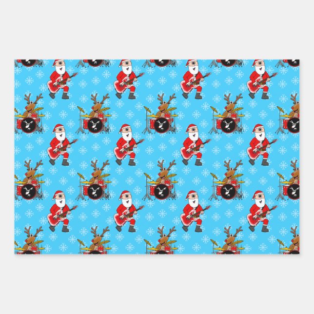 Hoja De Papel De Regalo Navidades Santa Guitar Rudolf Drums Pattern (Anverso)