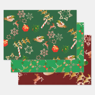 Hoja De Papel De Regalo Navidades Santa Reindeer Verde Rojo