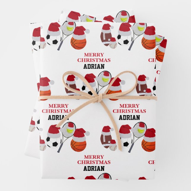 Hoja De Papel De Regalo Navidades Santa Sports Balls Nombre personalizado (In situ)