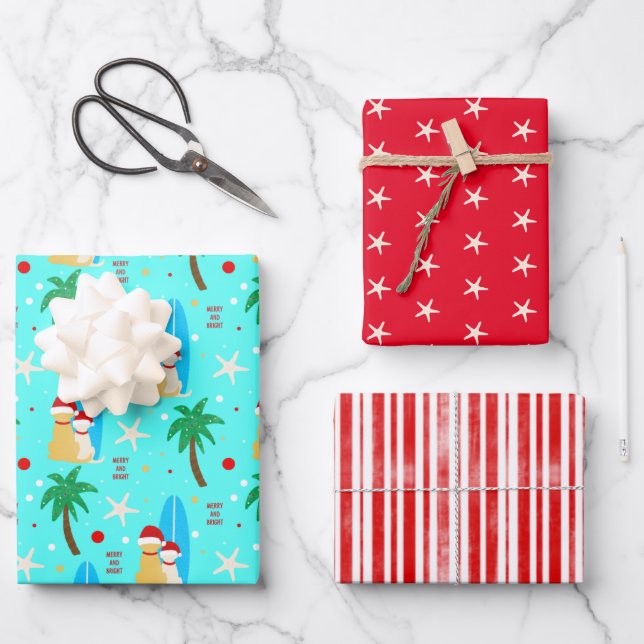 Hoja De Papel De Regalo Navidades Santa Surfing Dogs Regalo Conjunto de 3 (Anverso)