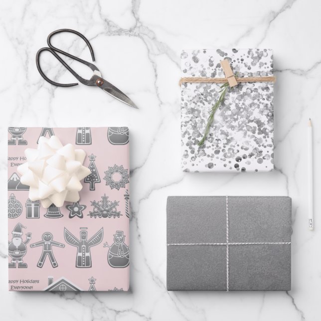 Hoja De Papel De Regalo Navidades Símbolos Purpurina Plata (Anverso)