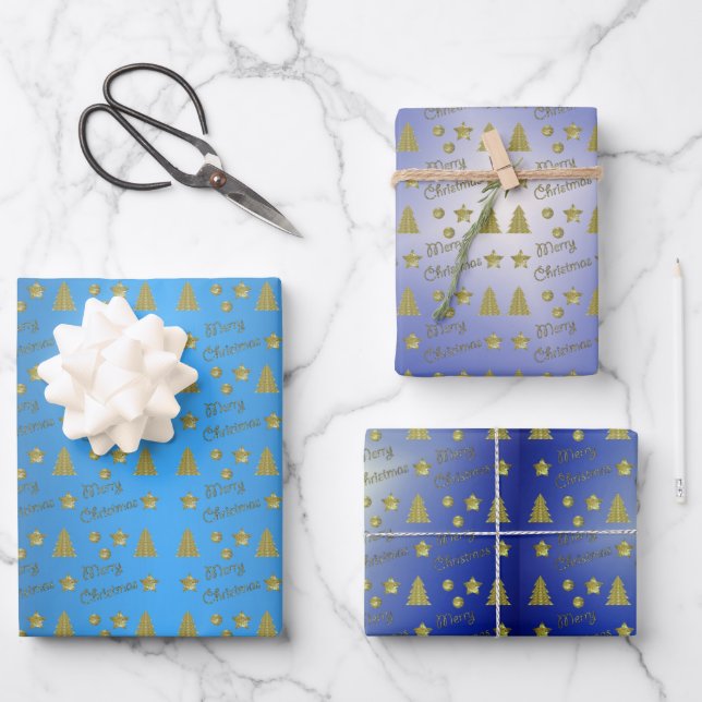 Hoja De Papel De Regalo Navidades sintiéndose - estrellas doradas, árboles (Anverso)